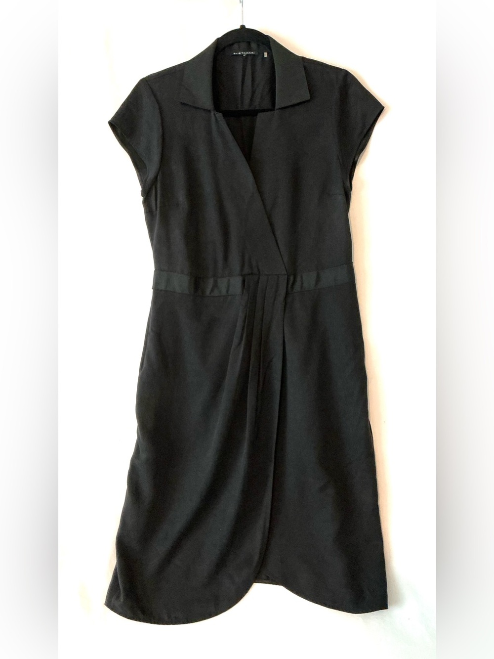 Vintage Elie Tahari Black Faux Wrap Shirt Dress Sz12 100% Tencel Ribbon Collar